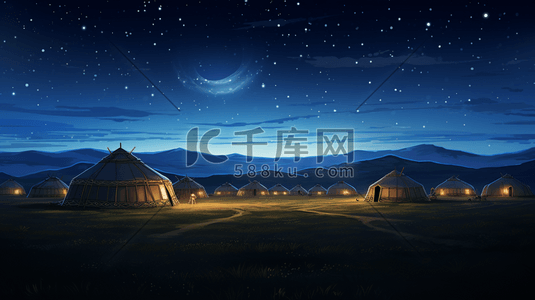 明月星空下的草原蒙古包美景插画3