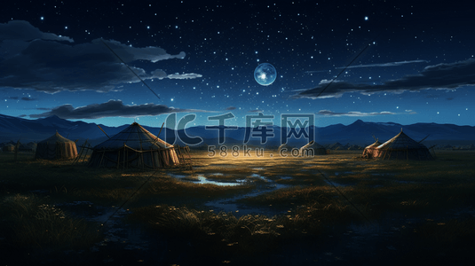 少数民族手绘插画图片_明月星空下的草原蒙古包美景插画5