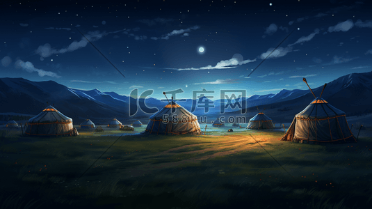少数民族手绘插画图片_明月星空下的草原蒙古包美景插画8