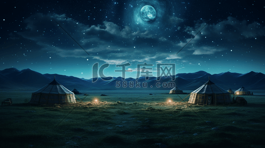 明月星空下的草原蒙古包美景插画1