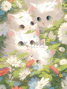 可爱卡通白色插画图片_白色小猫躲在花丛中12