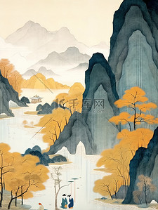 中国风山水水墨线条插画15