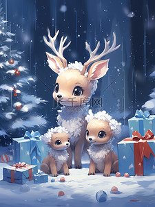 圣诞树圣诞节快乐插画图片_圣诞树下快乐麋鹿宝宝8