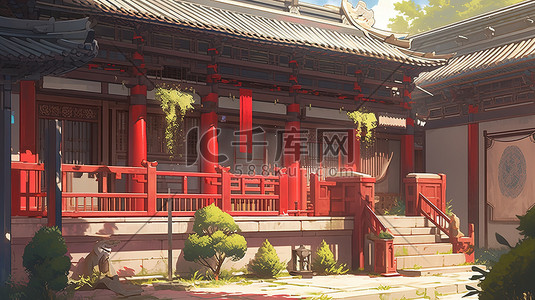 中国风院插画图片_红墙青瓦中国风建筑诞院3