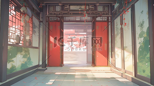 中国风院插画图片_红墙青瓦中国风建筑诞院12