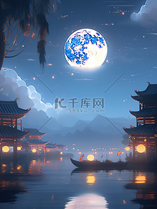 云朵圆月插画图片_中秋节圆月古建筑中国风2