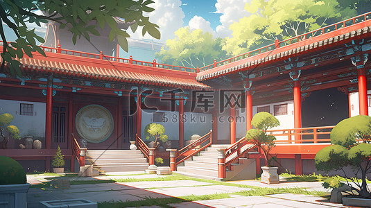 中国风院插画图片_红墙青瓦中国风建筑诞院7