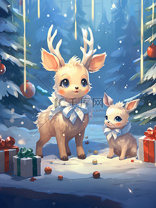 圣诞树圣诞节快乐插画图片_圣诞树下快乐麋鹿宝宝12