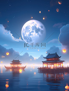 云朵圆月插画图片_中秋节圆月古建筑中国风10