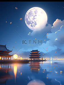 云朵圆月插画图片_中秋节圆月古建筑中国风13