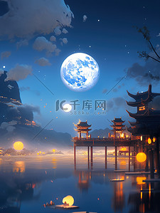 中秋节圆月古建筑中国风8
