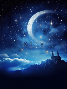 黑夜月亮插画图片_星星月亮云朵黑夜的天空4