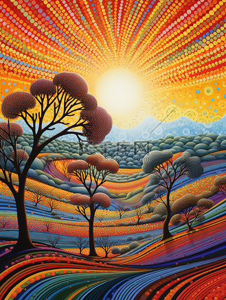 秋天树木山丘景观点彩插画8