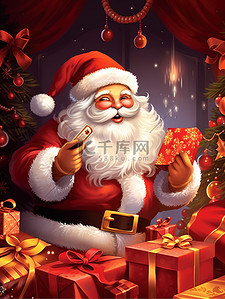 送圣诞礼物插画图片_圣诞老人开心地拿着圣诞礼物14