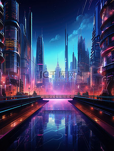 城市建筑高楼背景插画图片_未来城市霓虹灯赛博朋克背景海报13