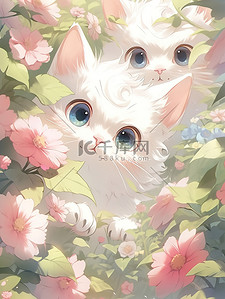 白色数字9插画图片_白色小猫躲在花丛中9