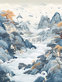 秋天色彩山水画中国风
