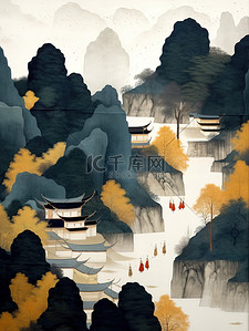 中国风山水水墨线条插画4