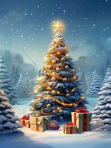 装饰圣诞树插画图片_冬季森林美丽装饰圣诞树与礼物盒1