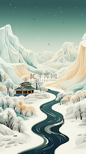 小寒aigc插画图片_点彩肌理插画冬天风景冬天山谷