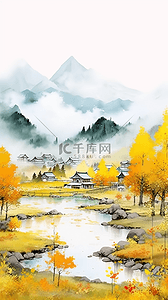 美丽的山水插画图片_美丽的秋天透明质感水彩秋天5