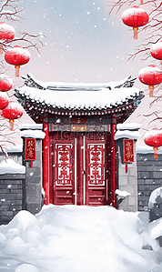 新年复古插画图片_喜庆春节新年中国风复古门楼插画