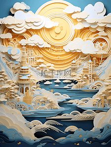 彩色剪纸风中国古典风景插画16