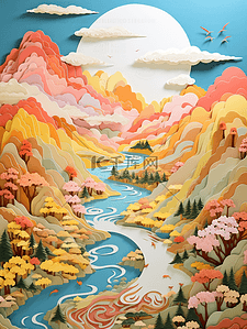 彩色剪纸风中国古典风景插画15