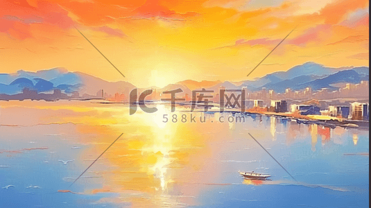 秋夕阳插画图片_明黄水彩海岸秋天风景秋日夕阳彩霞