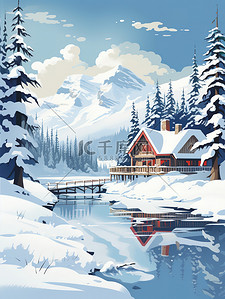 国家标准标志插画图片_冬天国家森林公园湖边小屋17