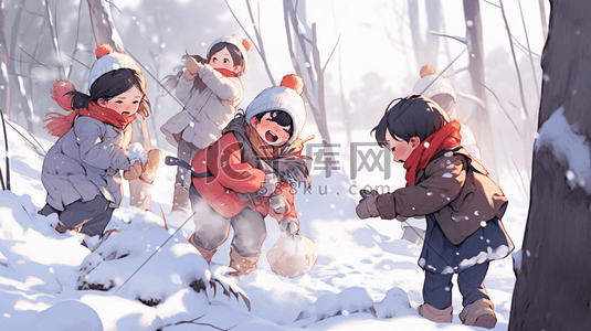 一群野生动物插画图片_一群孩子在快乐地打雪仗