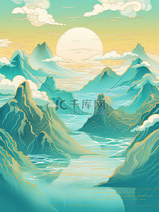 浅青色和金色中国风山水插画14