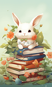 可爱的小手插画图片_蹲在书上的小兔子绘本插画