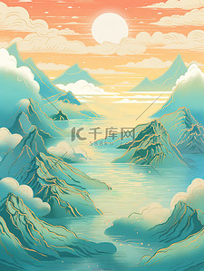 浅青色和金色中国风山水插画3