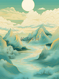 浅青色和金色中国风山水插画6