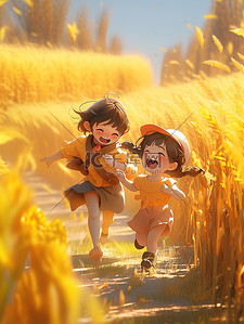 奔跑在路上插画图片_女孩在路上奔跑金黄色的麦田1