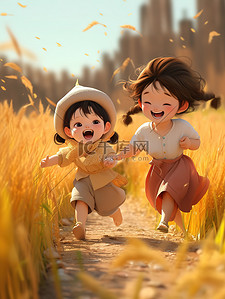 奔跑在路上插画图片_女孩在路上奔跑金黄色的麦田10