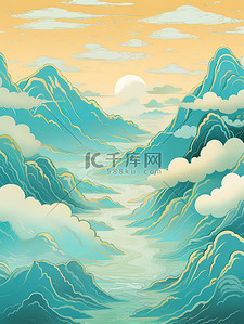 金色数字7插画图片_浅青色和金色中国风山水插画7