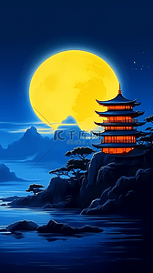 新中式海蓝色中秋节楼宇和黄色月亮