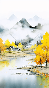 质感水彩插画图片_美丽的秋天透明质感水彩秋天15