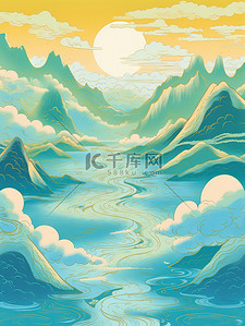 浅青色和金色中国风山水插画1