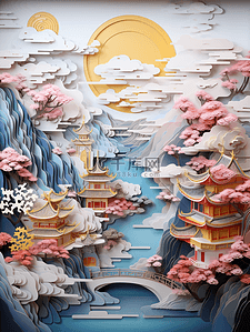 彩色剪纸风中国古典风景插画5