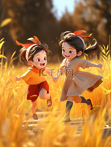 奔跑在路上插画图片_女孩在路上奔跑金黄色的麦田11