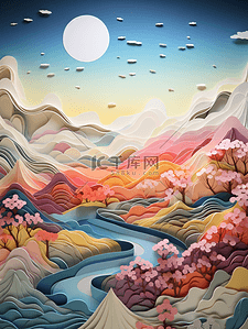 彩色剪纸风中国古典风景插画18