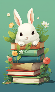 小手卡通插画图片_趴在书上的小兔子儿童绘本插画