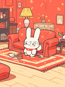 客厅变小插画图片_涂鸦可爱手帐风客厅里的小兔子