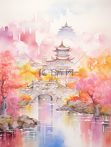 空灵抽象彩色中国风山水插画1
