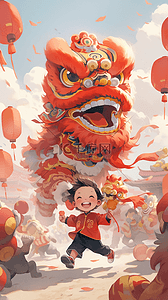 火速围观插画图片_中国风新年手绘舞狮插画