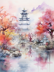 彩色中国风山水插画图片_空灵抽象彩色中国风山水插画3