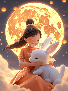 圆兔子插画图片_中秋节月圆团圆嫦娥仙女兔子3d插画